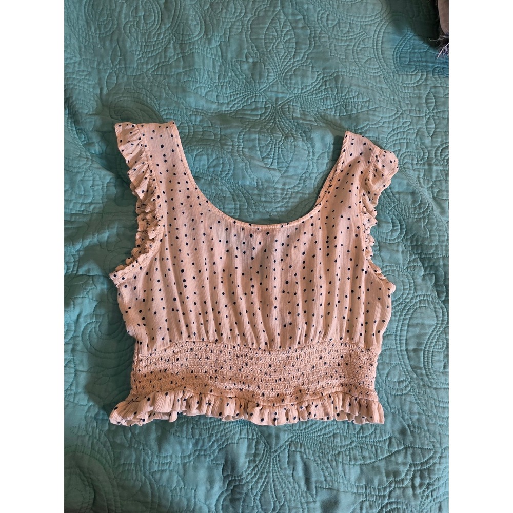 Patrons of Peace Polka Dot Smocked Crop Top Cream Navy Blue Ruffle Boho Medium - Picture 3 of 6